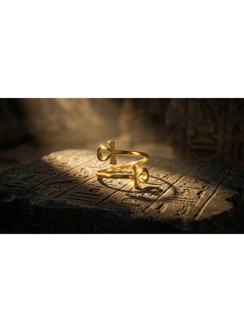 Double Ankh Ring – 316 Stainless Steel – Free Size – Gold Egyptian Life Symbol × Eternal Protection – Anti‑Rust & Anti‑Fade - Image 3
